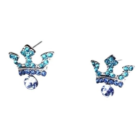 Crystal Collection Crown Princess Blue Turquoise Rhinestone Post Earrings New - Picture 1 of 6